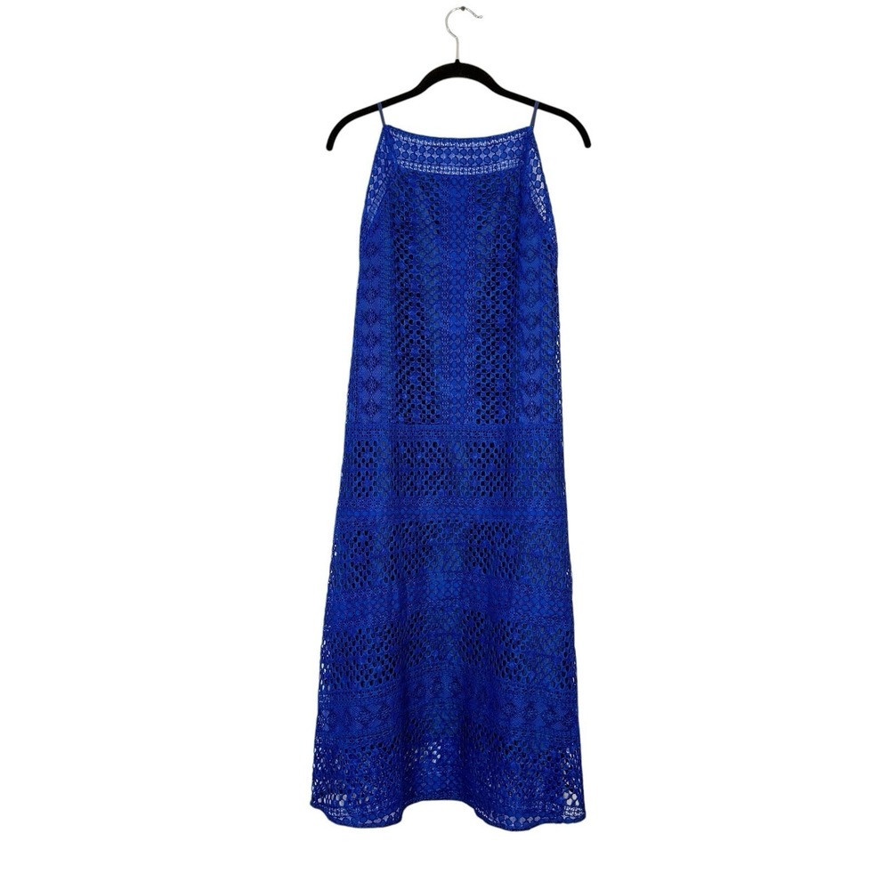 VINCE SLEEVELESS CROCHET LACE SILK LINED  MIDI DRESS SZ 4 BLUE Classy City - Picture 8 of 15